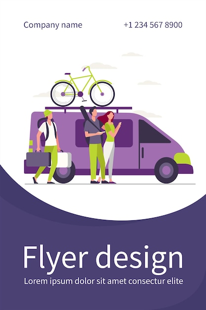 Gratis vector groep actieve toeristen die zich bij voertuig verzamelen. minivan met fiets bovenop bewegende platte flyer-sjabloon