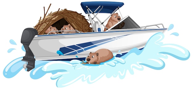 Gratis vector groep bevers op speedboot