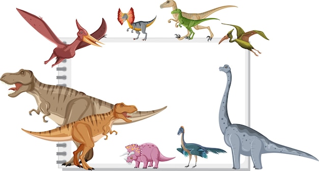 Groep dinosaurussen rond notitie op witte achtergrond