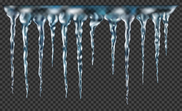 Groep doorschijnende lichtblauwe realistische ijspegels van verschillende lengtes verbonden aan de bovenkant. voor gebruik op donkere achtergrond. transparantie alleen in vectorformaat