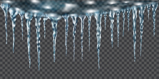 Groep doorschijnende lichtblauwe realistische ijspegels van verschillende lengtes verbonden aan de bovenkant. voor gebruik op donkere achtergrond. transparantie alleen in vectorformaat