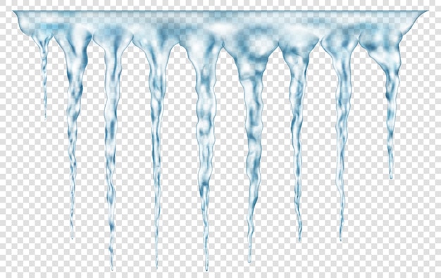 Groep doorschijnende lichtblauwe realistische ijspegels van verschillende lengtes verbonden aan de bovenkant. voor gebruik op lichte achtergrond. transparantie alleen in vectorformaat