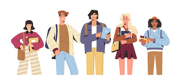 Gratis vector groep gelukkige universiteitsstudenten met studieboeken en gadgets