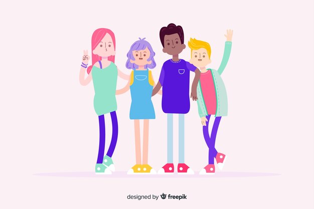 Gratis vector groep jonge mensen die voor een foto stellen