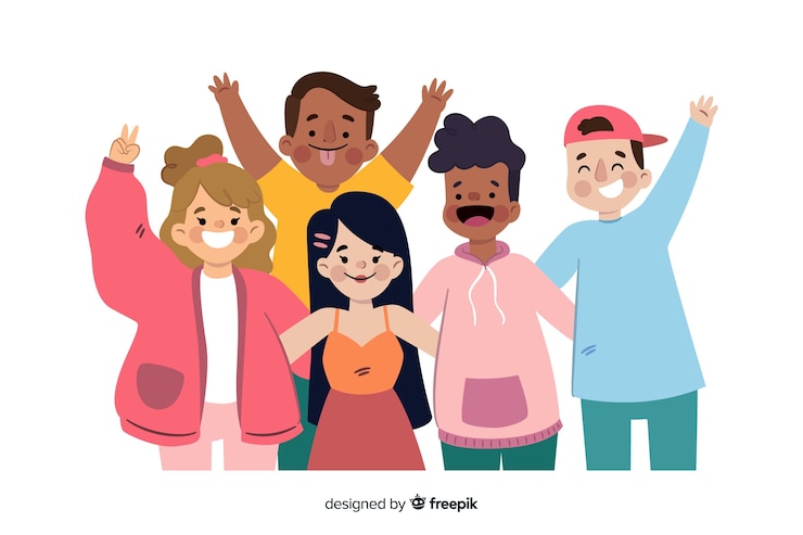 Gratis Vector groep jongeren die voor een foto stellen