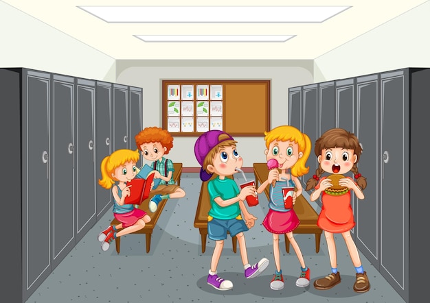 Groep kinderen bij kleedkamer