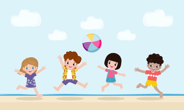 Groep kinderen die watervolleybal spelen op het strand kinderen springen in de zomer op het strand
