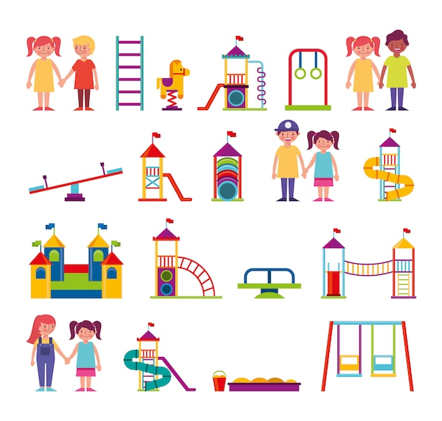 Gratis vector groep kinderen en pretparkbundelkarakters