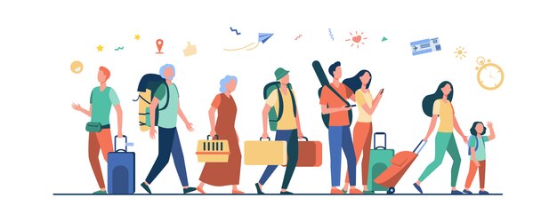 Groep toeristen met koffers en tassen die zich in luchthaven bevinden