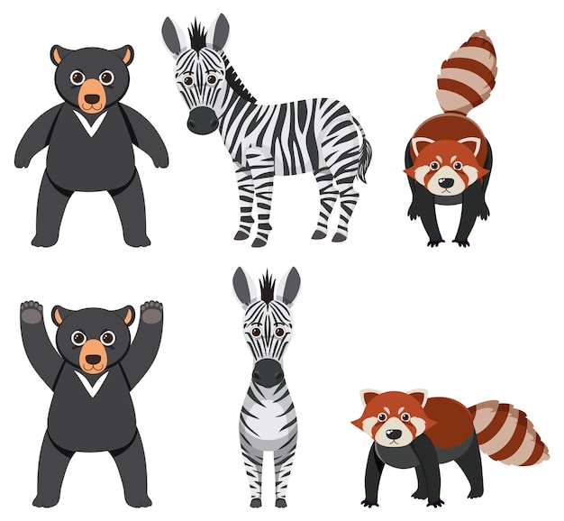 Gratis vector groep van bear zebra red panda cartoon in eenvoudige stijl