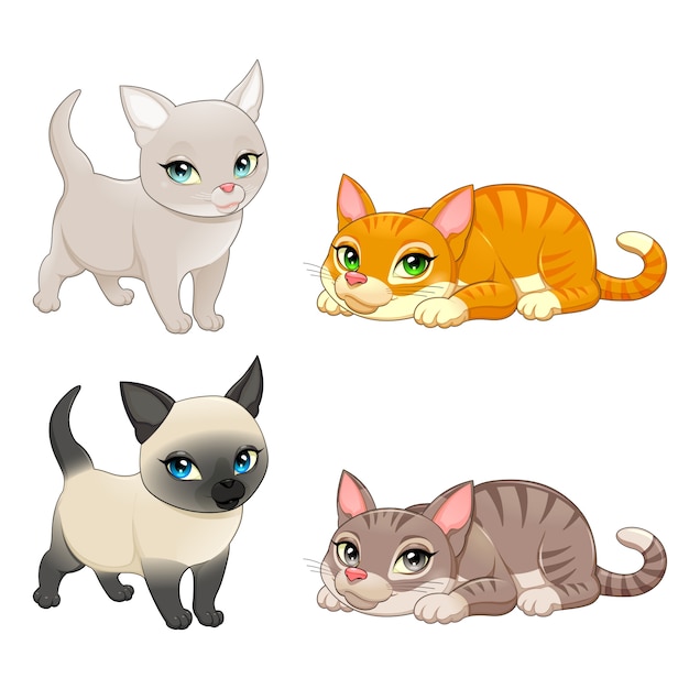 Groep van leuke katten met verschillende kleuren vector geïsoleerd stripfiguren