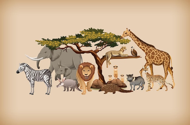 Gratis vector groep wilde dieren op achtergrond