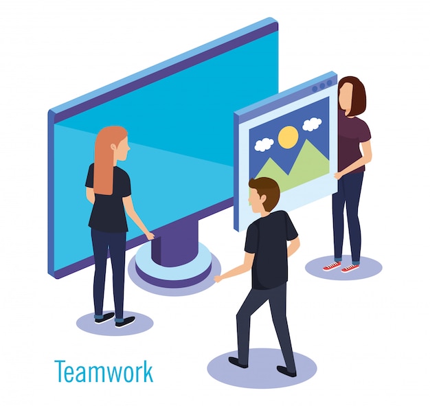 Gratis vector groeps mensen teamwerk met computer