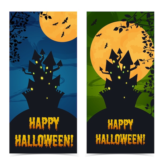 Groet halloween verticale banners met spookhuis begraafplaats boomtakken en vleermuizen