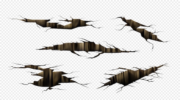 Gratis vector grondscheuren, breuken op het landoppervlak, aardbevingsbreuken in perspectief. realistische set van kloven in de grond, spleten van een ramp of droogte geïsoleerd op transparante achtergrond