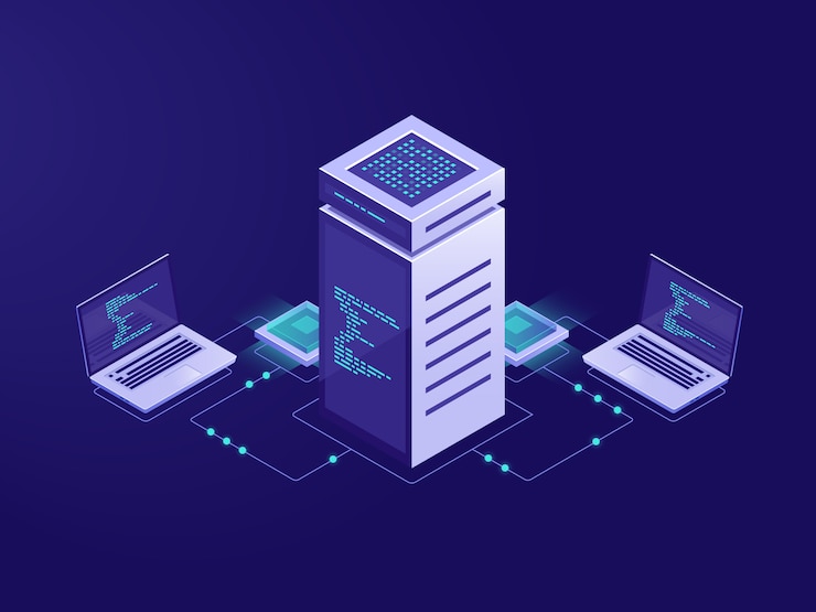 Gratis Vector groot gegevensverwerkingsconcept, serverruimte, tokentoegang voor blockchaintechnologie