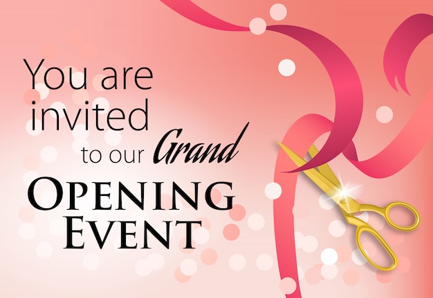 Gratis vector grootse opening evenement belettering met schaar lint snijden