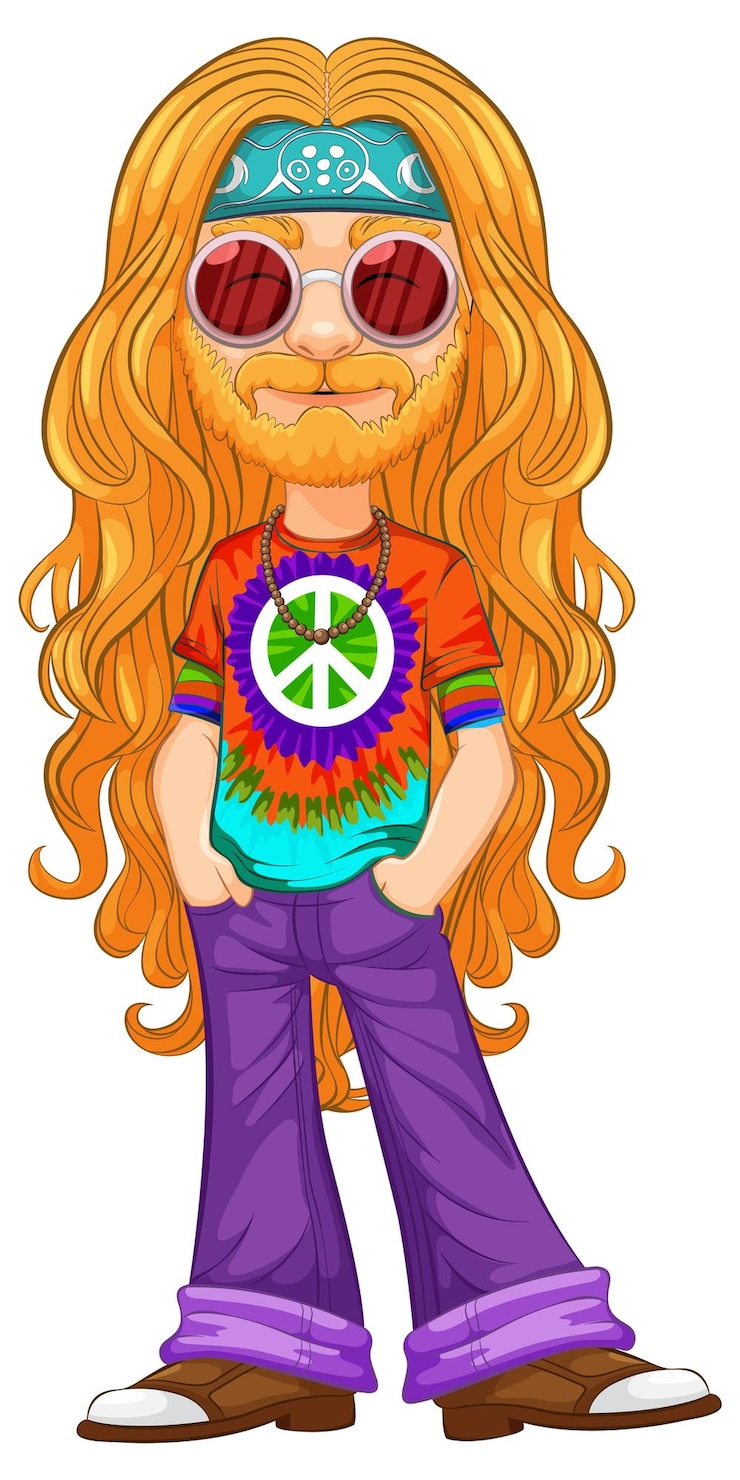 Gratis Vector groovy hippie personage in levendige kleding