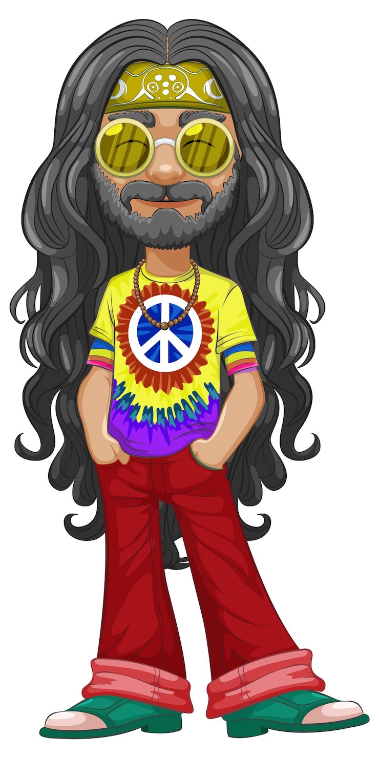 Gratis Vector groovy hippie personage in levendige kleding