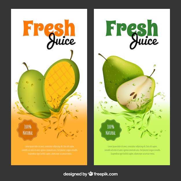 Grote banners met mango- en peersappen in realistisch ontwerp