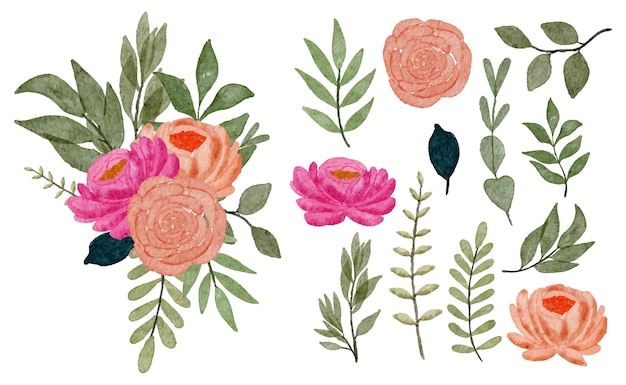 Grote botanische set van wilde bloemen Set afzonderlijke delen en samenbrengen tot mooi boeket bloemen in water kleuren stijl op witte achtergrond platte vectorillustratie