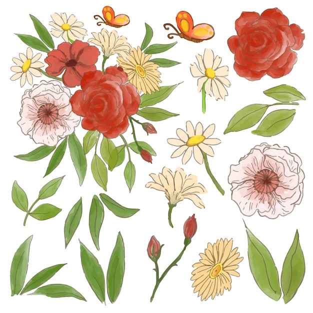 Grote botanische set van wilde bloemen Set afzonderlijke delen en samenbrengen tot mooi boeket bloemen in water kleuren stijl op witte achtergrond platte vectorillustratie