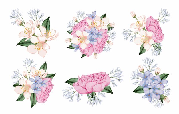 Grote botanische set van wilde bloemen Set afzonderlijke delen en samenbrengen tot mooi boeket bloemen in water kleuren stijl op witte achtergrond platte vectorillustratie