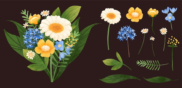 Gratis vector grote botanische set van wilde bloemen set afzonderlijke delen en samenbrengen tot mooi boeket bloemen in water kleuren stijl op witte achtergrond platte vectorillustratie