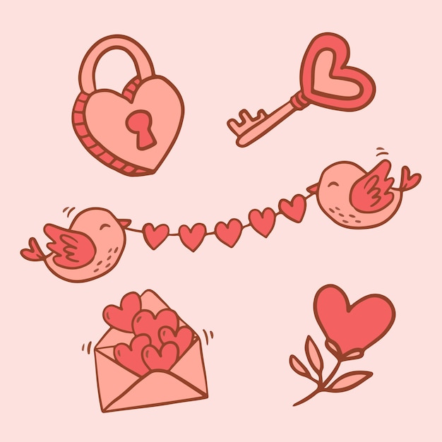 Gratis vector grote geïsoleerde hand getrokken stripfiguur en element ontwerp dier verliefd, doodle stijl valentine concept vlakke afbeelding