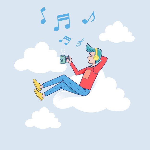 Grote geïsoleerde man luisteren naar muziek op hoofdtelefoon aangesloten op cloud server met koffie. Vector illustratie stripfiguur
