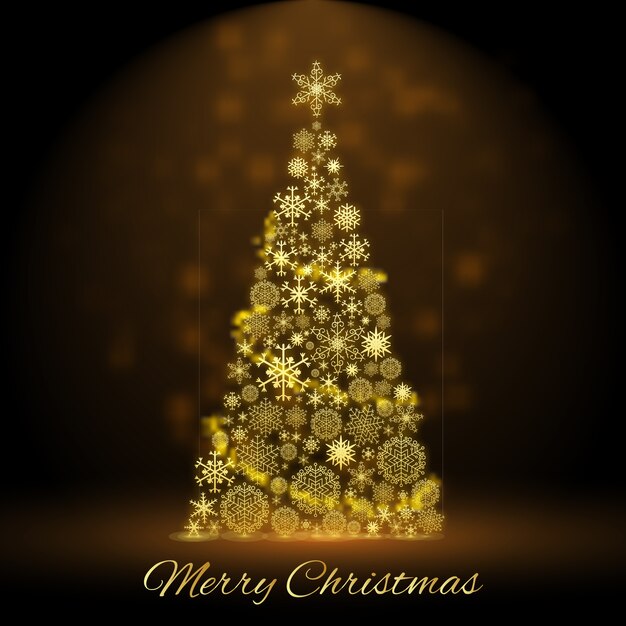 Gratis vector grote gouden kerstboom versierd met sneeuwvlokken ballen en sterren vlakke afbeelding