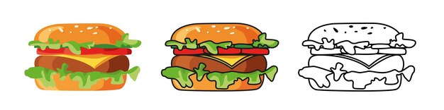 Grote hamburger met kaas en sesamzaadjes geïsoleerd vector set fast food street amerikaans eten