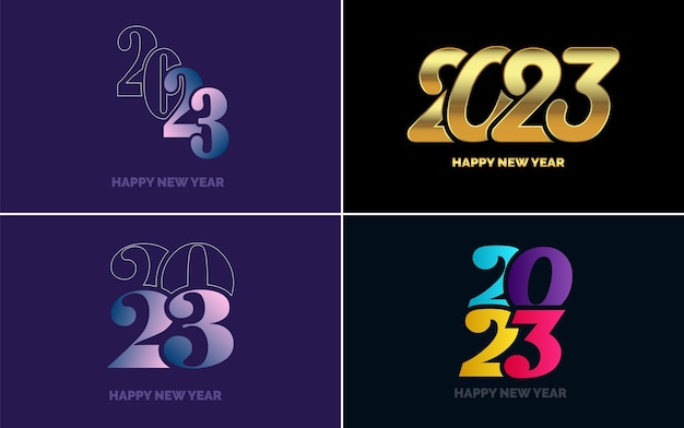 Grote reeks van 2023 happy new year logo tekstontwerp 2023 nummer ontwerpsjabloon collectie van 2023 happy new year symbolen nieuwjaar vectorillustratie