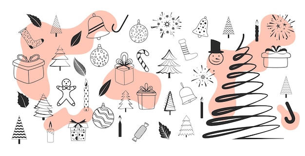 Grote set van kerst decoratieve pictogrammen ontwerp in doodle stijl