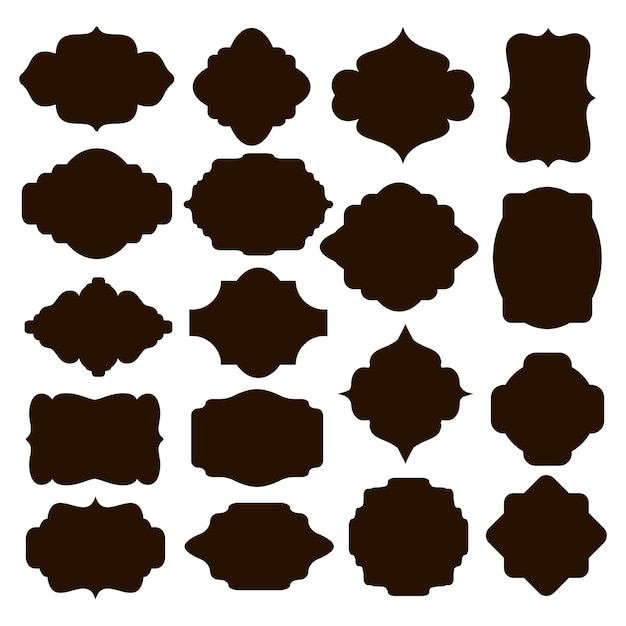 Grote set van vector zwarte silhouetframes of cartouches voor badges in sierlijke klassieke gebogen en afgeronde symmetrische ontwerpen en vormen
