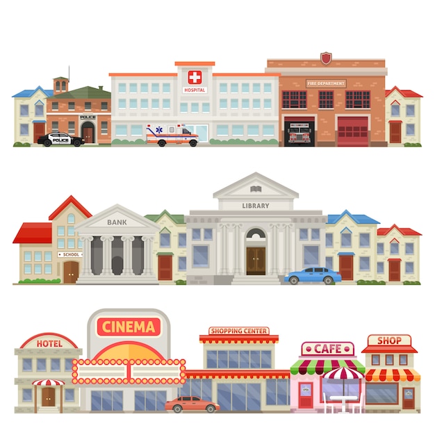 Grote stad drie gekleurde skylines met de historische en educatieve centrum commerciële huizen van de stadsdiensten geïsoleerde vectorillustratie