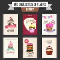 Gratis vector grote verzameling van bakery flyers of sjablonen ontwerp met illustratie van zoete cupcakes en donut