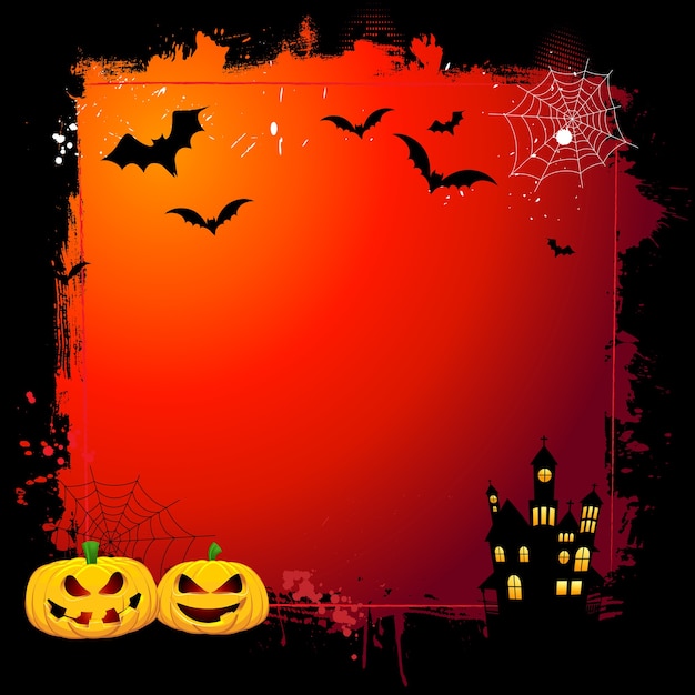 Grunge Halloween-achtergrond met griezelige pompoenen en spookhuis