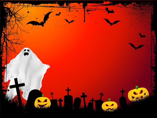 Gratis vector grunge halloween-achtergrond met kwade pompoenen en eng spook