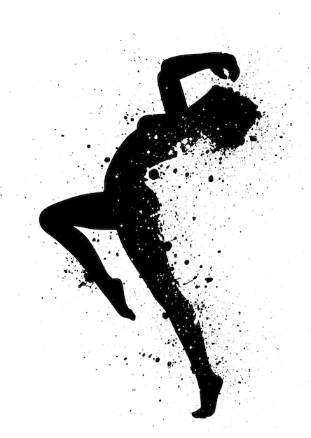 Gratis vector grunge splatter silhouet van een vrouw in een moderne dans pose