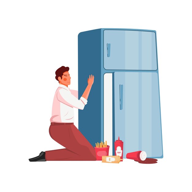 Gulzigheid plat concept met man knuffelen koelkast met junkfood op verdieping