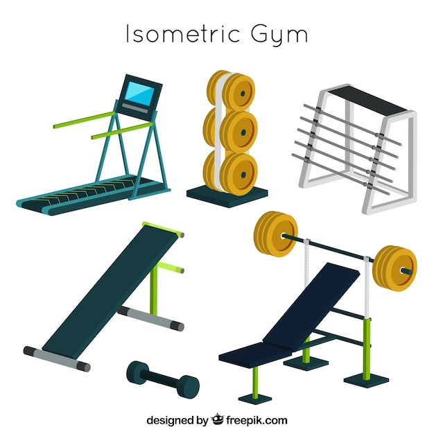 Gymnastiekachtergrond met oefeningsmachines in isometrische stijl