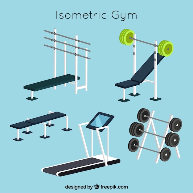 Gymnastiekachtergrond met oefeningsmachines in isometrische stijl