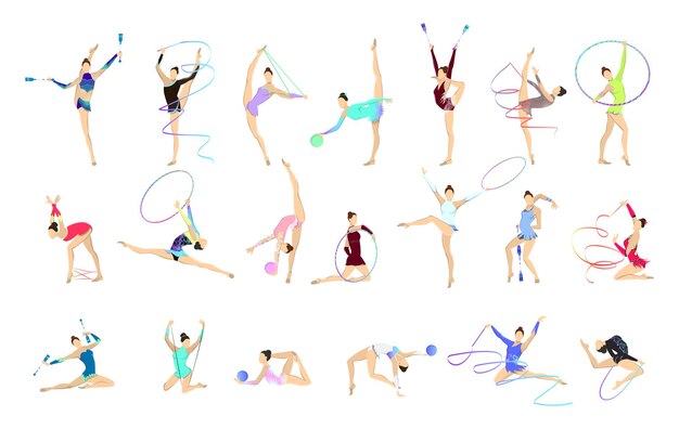 Gymnastiekillustraties instellen Vrouwen in outfit met gymnastiekuitrusting als bal en tape