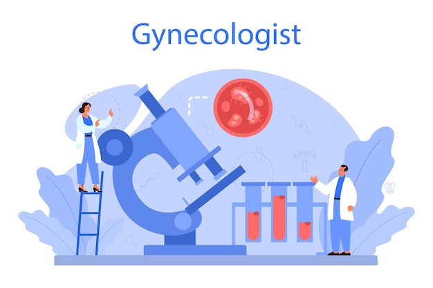 Gynaecoloog reproductologist en vrouwen gezondheid concept menselijke anatomie eierstok en baarmoeder zwangerschap monitoring en ziekte behandeling geïsoleerde illustratie in cartoon stijl