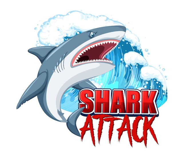 Haai aanval lettertype logo met cartoon agressieve haai