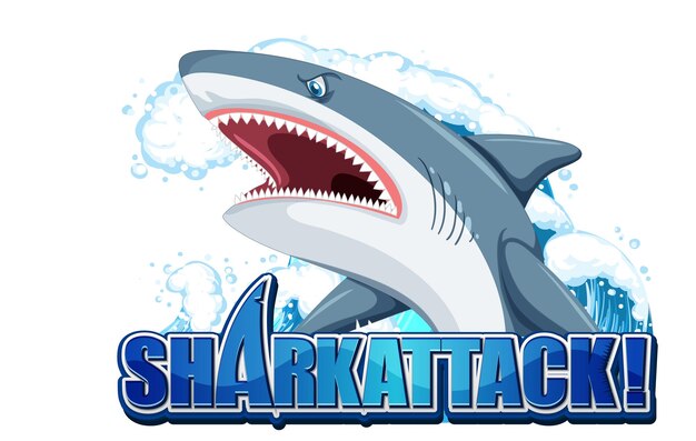 Haai aanval lettertype logo met cartoon agressieve haai