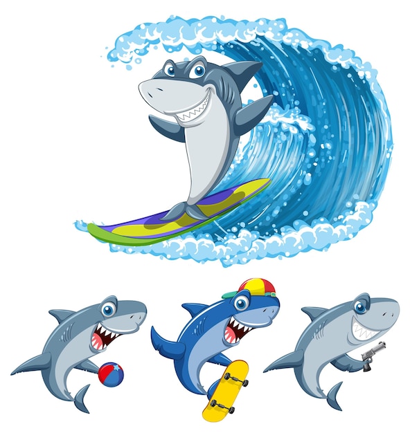 Gratis vector haai doet verschillende activiteiten stripfiguren