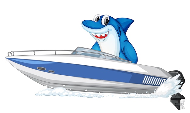 Gratis vector haai op speedboot stripfiguur op witte achtergrond