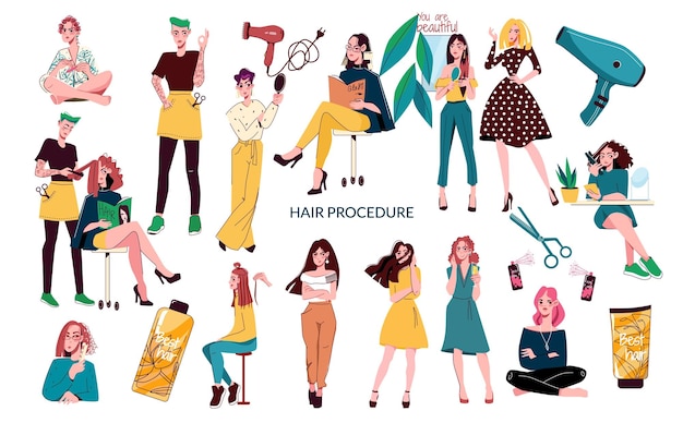 Haar procedure salon platte pictogrammenset kapper meisjes met verschillende kapsels en verschillende attributen voor haar styling vectorillustratie